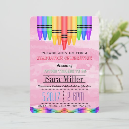 Crayola Rainbow Teacher Afstuderen Uitnodiging (Staand voorkant)