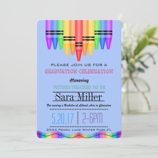 Crayola Rainbow Teacher Afstuderen Uitnodiging (Staand voorkant)