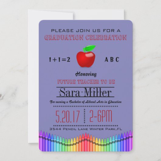 Crayon & Apple Teacher Afstuderen Invitation Kaart (Voorkant)