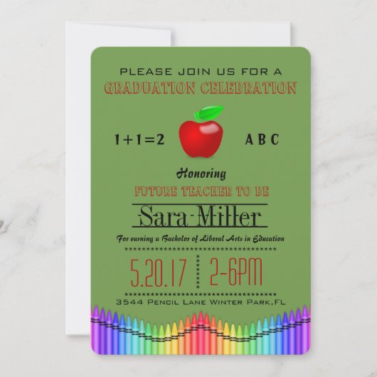 Crayon & Apple Teacher Afstuderen Invitation Kaart (Voorkant)