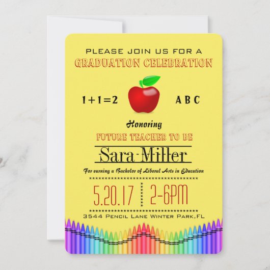 Crayon & Apple Teacher Afstuderen Invitation Kaart (Voorkant)