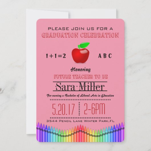 Crayon & Apple Teacher Afstuderen Invitation Kaart (Voorkant)