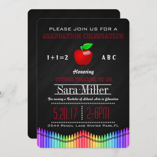 Crayon & Apple Teacher Afstuderen Invitation Kaart (Voorkant / Achterkant)