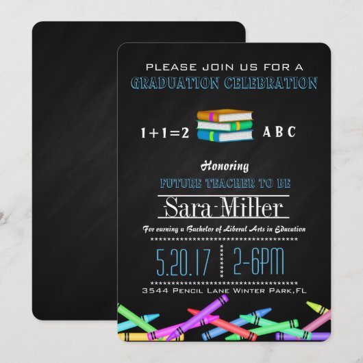 Crayon & Books Teacher Afstuderen Uitnodiging (Voorkant / Achterkant)