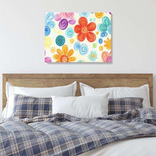 Crayon Doodle Daisy Design Canvas Afdruk (Insitu (Slaapkamer))