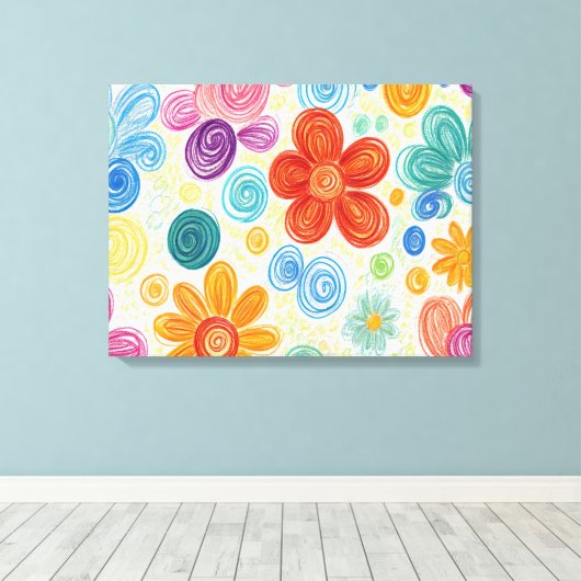 Crayon Doodle Daisy Design Canvas Afdruk (Insitu (Houten vloer))