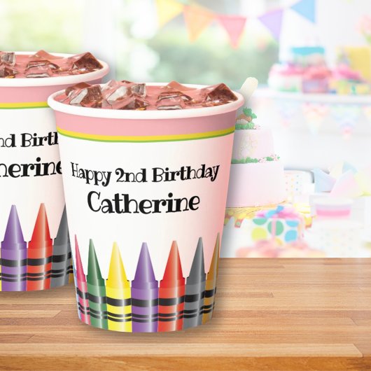 Crayon Happy 2e Verjaardag Roze Groen Feest Kinder Papieren Bekers