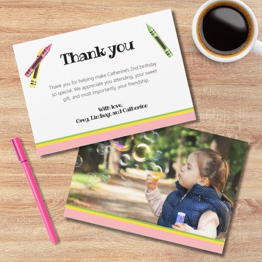 Crayon Kinder 2e verjaardag roze foto Bedankkaart