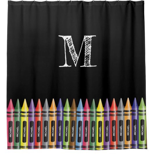 Crayon Kinder Zwart Trendy Patroon Monogram Douchegordijn (Voorkant)