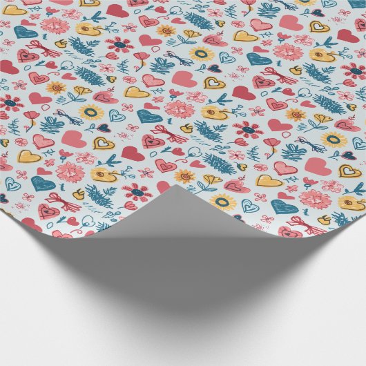 Crayon Pastel Hart & bloemen Cadeaupapier (Hoek)