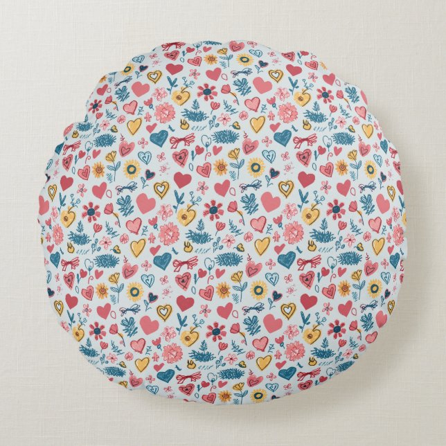 Crayon Pastel Hart & bloemen Rond Kussen (Voorkant)