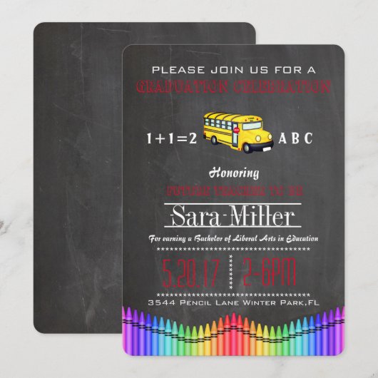 Crayon & School Bus Teacher Afstuderen Uitnodiging (Voorkant / Achterkant)