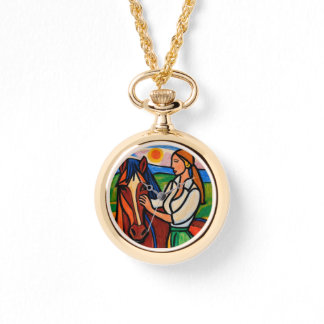 Crayon-Stijl Vrouw & Paard Hanger Horloge 