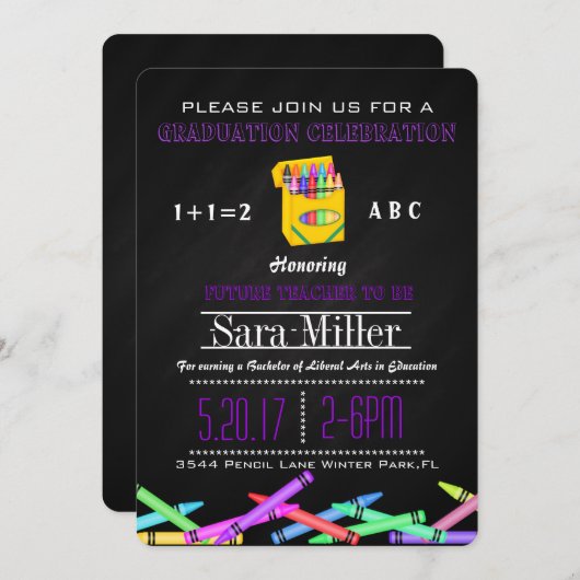 Crayon Teacher Afstuderen Invitation Kaart (Voorkant / Achterkant)
