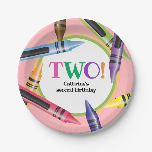 Crayon TWEE 2e Verjaardagsfeestje Meisje Roze Groe Papieren Bordje (Voorkant)
