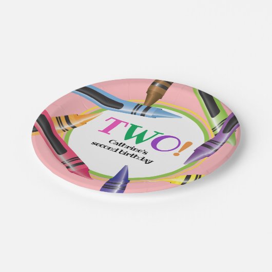 Crayon TWEE 2e Verjaardagsfeestje Meisje Roze Groe Papieren Bordje (Gekanteld)