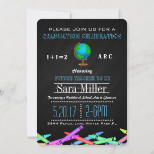 Crayon & Wereldbol Teacher Afstuderen Invitation Kaart