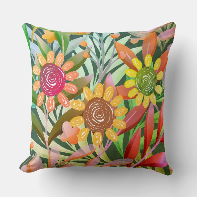 Crayon Zonnebloemen Kleurrijk groen Kussen (Voorkant)