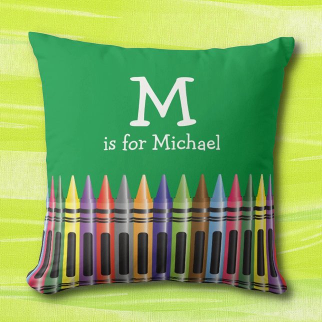 Crayons Kinder Green Monogram Name Pattern Kussen (Creator heeft geüpload)