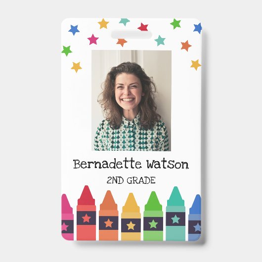 Crayons & Stars Colorful School Teacher ID Badge (Voorkant)