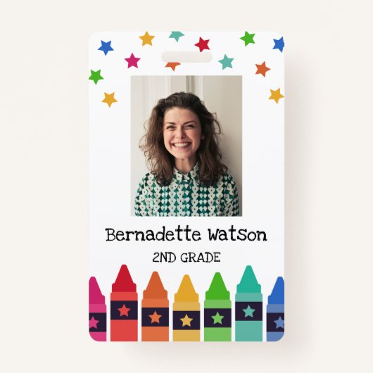 Crayons & Stars Colorful School Teacher ID Badge (Voorkant)