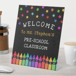 Crayons Stars Colorful Welcome Teacher's Classroom Reclamebord Met Voetstuk