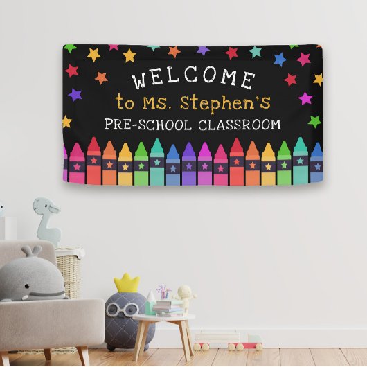 Crayons Stars Colorful Welcome Teacher's Classroom Spandoek