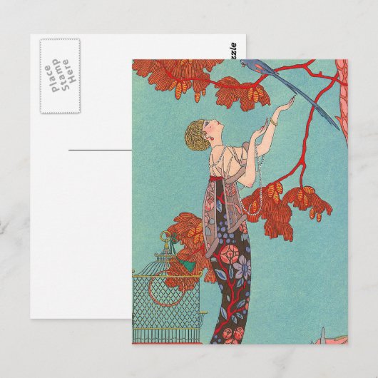 Crazy Blue Parrot van George Barbier Briefkaart (Voorkant / Achterkant)