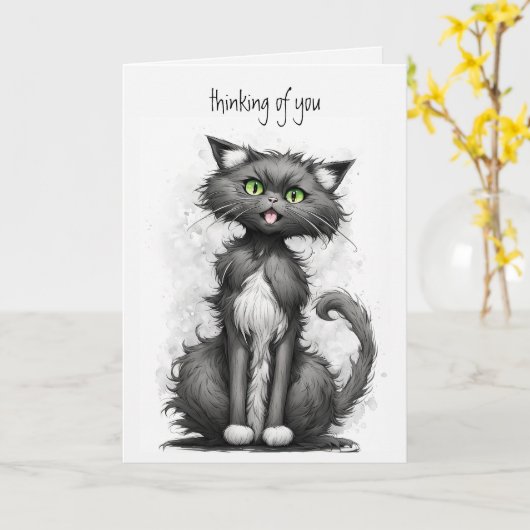 Crazy Cat Cartoon die aan je denkt Kaart (Gele Bloem)