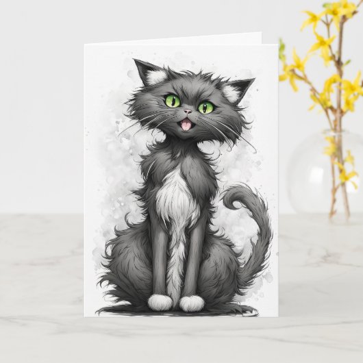 Crazy Cat Cartoon Verjaardag Kaart (Gele Bloem)