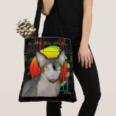 Crazy Cat Design met Sphynx Cat Ninja op Black Tote Bag (Dichtbij)