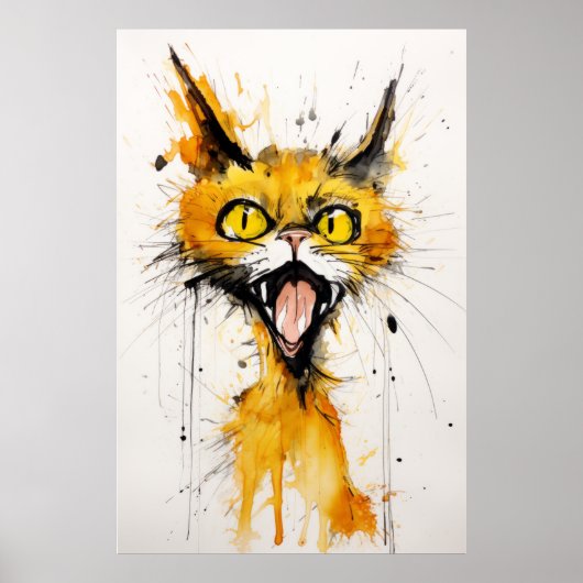 Crazy Cat in de stijl van Ralph Steadman: Geel C Poster (Voorkant)