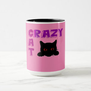 'CRAZY CAT' koffie-mok in zwart-roze. Mok