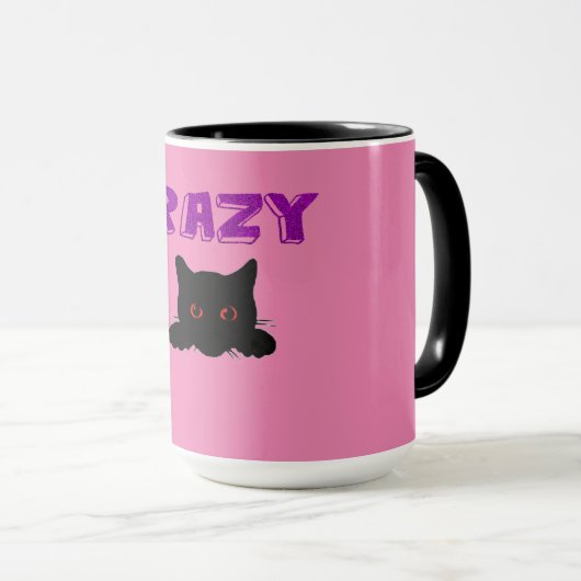 'CRAZY CAT' koffie-mok in zwart-roze. Mok (Voorkant rechts)