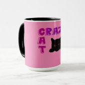 'CRAZY CAT' koffie-mok in zwart-roze. Mok (Voorkant links)