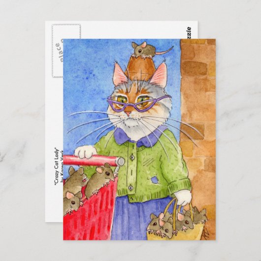 Crazy Cat Lady briefkaart (Voorkant / Achterkant)