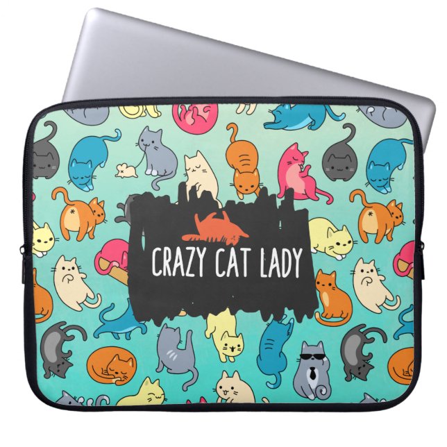 Crazy Cat Lady Cute en Playful Cat Pattern Laptop Sleeve (Voorkant)