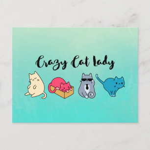 Crazy Cat Lady en 4 Cute Cats Briefkaart