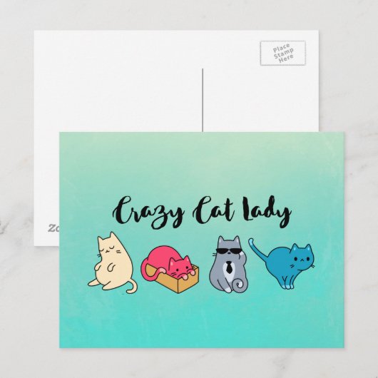 Crazy Cat Lady en 4 Cute Cats Briefkaart (Voorkant / Achterkant)