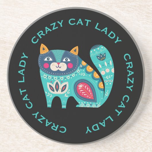 Crazy Cat Lady, Fun Stylized Cat op Black Zandsteen Onderzetter (Voorkant)