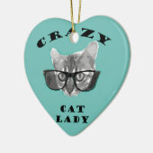 Crazy Cat Lady Funny Slogan met Hipster Glasses Keramisch Ornament (Links)