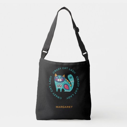 Crazy Cat Lady, gepiepeerde Kattenillustratie Crossbody Tas (Voorkant)