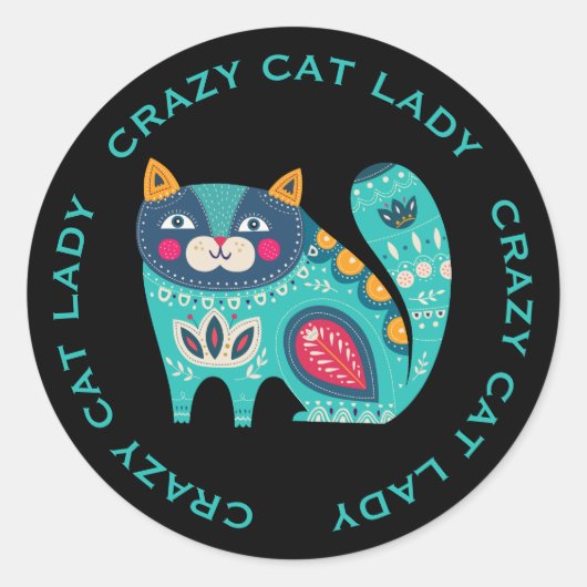 Crazy Cat Lady, kleurrijk gestileerde kat Ronde Sticker (Voorkant)
