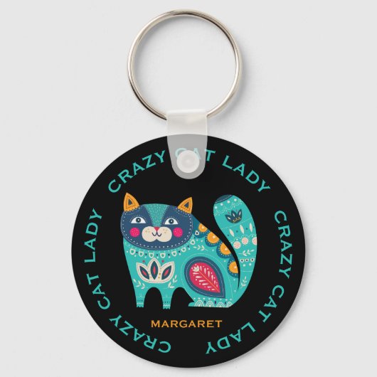 Crazy Cat Lady, Leuke gestileerde kat illustratie Sleutelhanger (Voorkant)