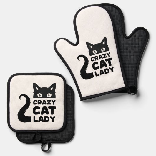 Crazy Cat Lady Oven Mitt & Pot Houders Ovenwant & Pannenlap Set (Voorkant / Achterkant)