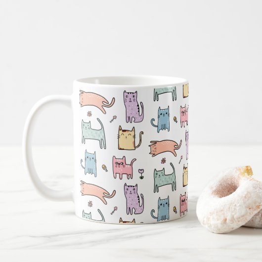 Crazy cat lady pastel multicolor cartoon cat mok (Met donut)