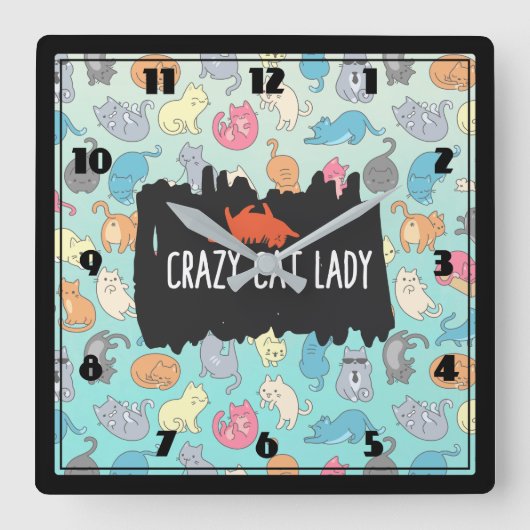 Crazy Cat Lady Playful Cat Patroon Vierkante Klok (Voorkant)