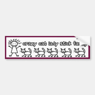 Crazy Cat Lady Stick Family Funny Cartoon Bumpersticker