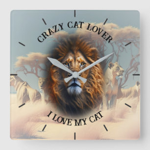 "CRAZY CAT LOVER" Vierkante gepersonaliseerde wand Klok