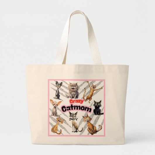 Crazy Cat Mom met gepersonaliseerde naam Grote Tote Bag (Voorkant)